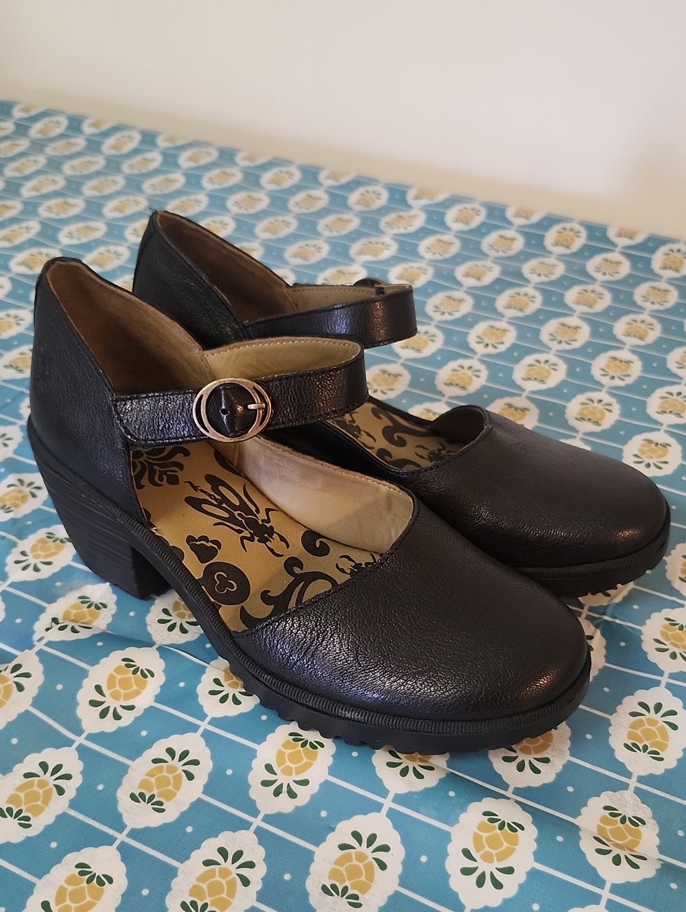 Fly London Chunky Heel Shoes Black Leather Mary Jane Size 39 8.5